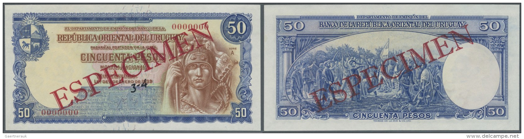 Uruguay: 50 Pesos 1939 Specimen P. 38s, Zero Serial Numbers, Red Specimen Overprint, Light Handling In Paper, Condition: - Uruguay