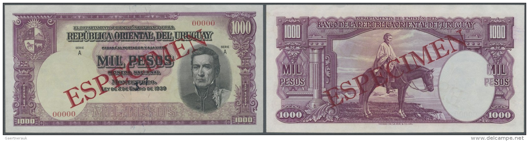 Uruguay: 1000 Pesos 1939 Specimen P. 41s, Zero Serial Numbers, Red Specimen Overprint, Light Handling In Paper, Conditio - Uruguay