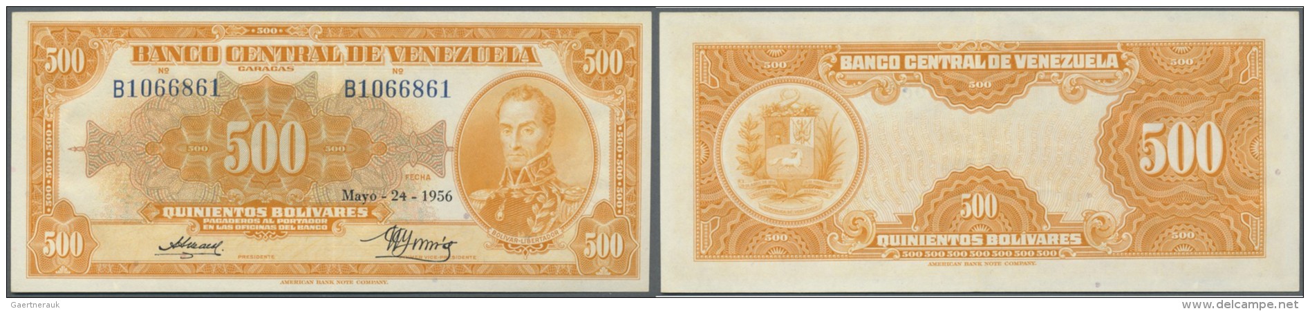 Venezuela: 500 Bolivares 1956 P. 37b, Light Center Bend, No Holes Or Tears, Crisp Original Paper, Condition: XF+. - Venezuela