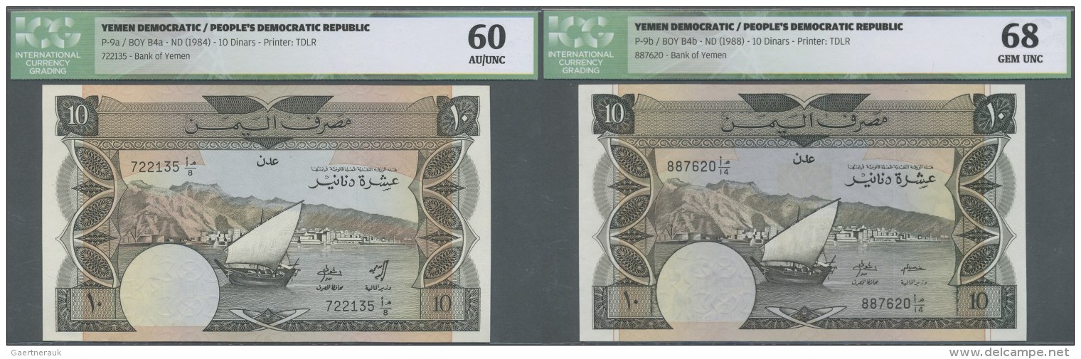 Yemen / Jemen: Yemen D.R.: Set Of 2 Notes 10 Dinars ND(1984) &amp; ND(1988) P. 9a, B, Both ICG Graded, The P. 9a As 60 A - Jemen