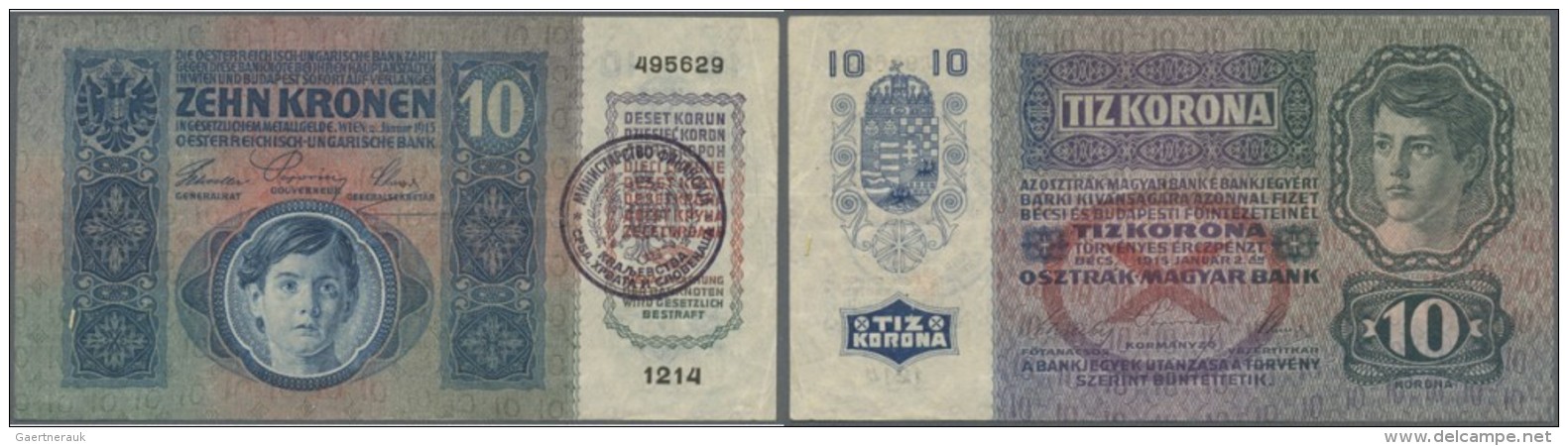 Yugoslavia / Jugoslavien: 10 Kronen ND(1919), Stamp On Austria # 19, Very Nice Looking Banknote With Soft Folds And Crea - Jugoslawien