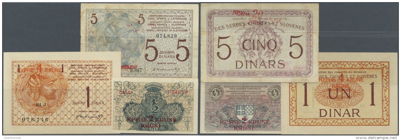 Yugoslavia / Jugoslavien: Set Of 3 Notes Containing 1 Dinara = 4 Kronen 1919 P. 15 (XF), 1/2 Krone 1919 P. 14 (VF) And 5 - Jugoslawien