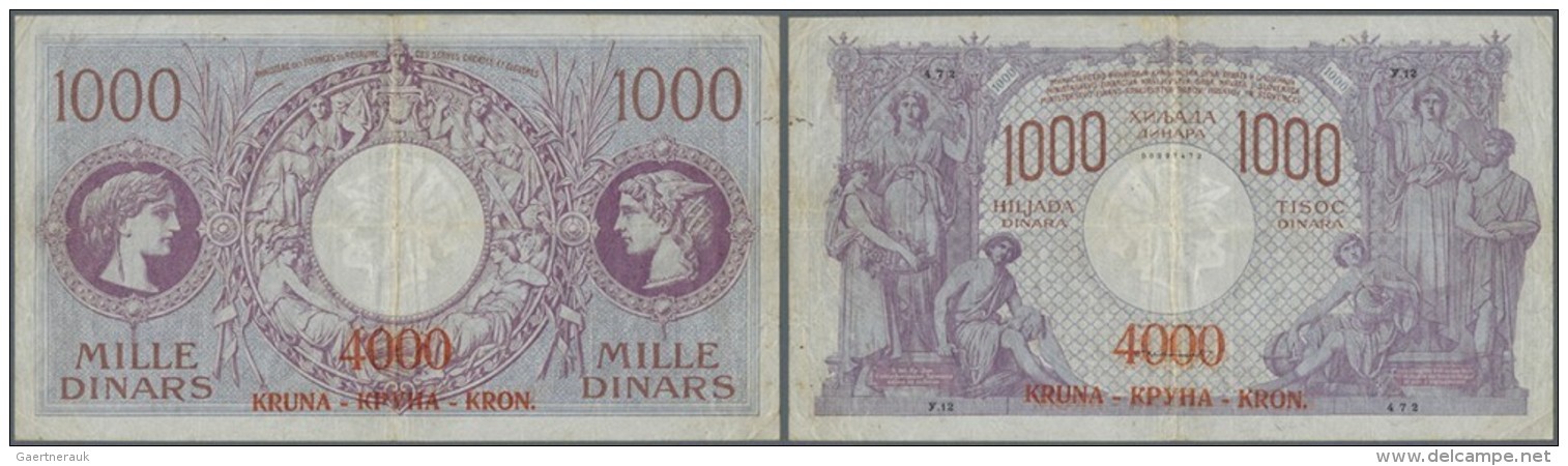 Yugoslavia / Jugoslavien: 1000 Dinara = 4000 Kronen ND(1919), P.20, Small Repaired Tear At Left Border, Tiny Pinhole At - Jugoslawien