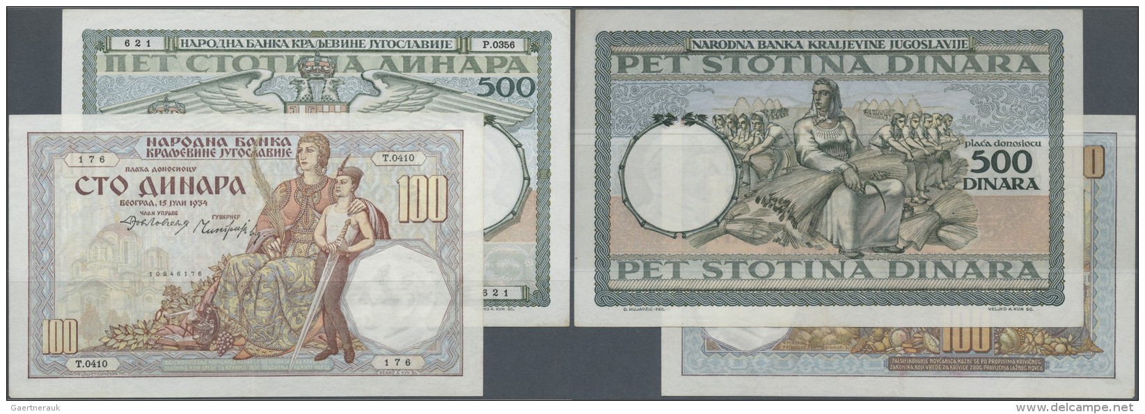 Yugoslavia / Jugoslavien: Set Of 2 Notes 100 And 500 Dinara With Soft Folds And Wrinkles, Condition: XF. (2 Pcs) - Jugoslawien