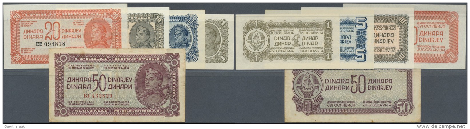 Yugoslavia / Jugoslavien: Set Of 5 Notes Containing 1-50 Dinars 1944 P. 48-52, The 50 Dinara In F, The Rest In XF To AUN - Jugoslawien