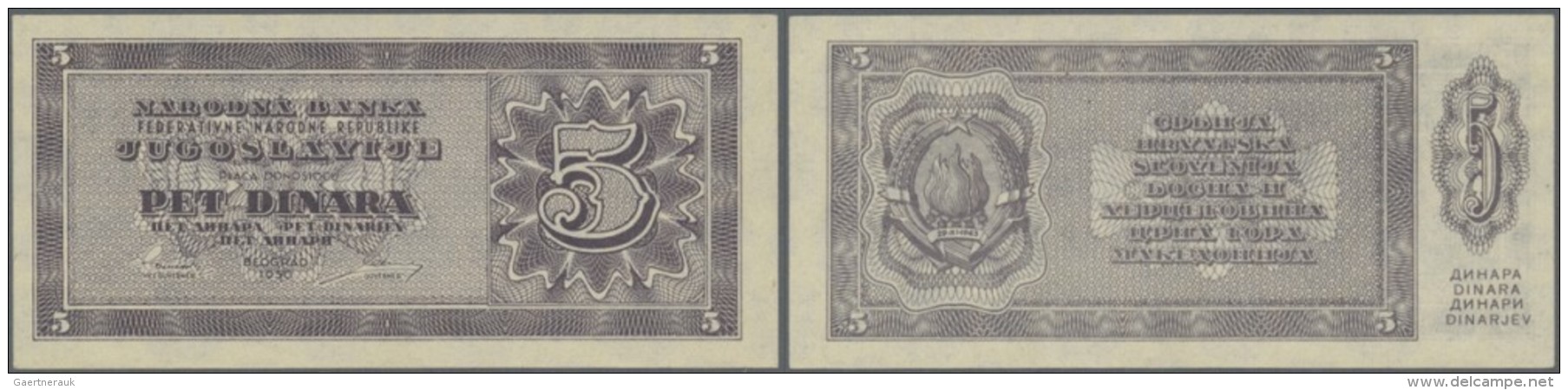 Yugoslavia / Jugoslavien: 5 Dinara 1950, P.67r (not Issued), Tiny Spot At Upper Right, Condition: AUNC. - Jugoslawien