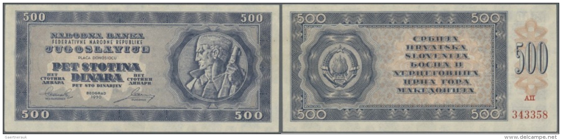 Yugoslavia / Jugoslavien: 500 Dinara 1950, P.67w (not Issued), Tiny Dint At Lower Left Corner. Condition: AUNC - Jugoslawien