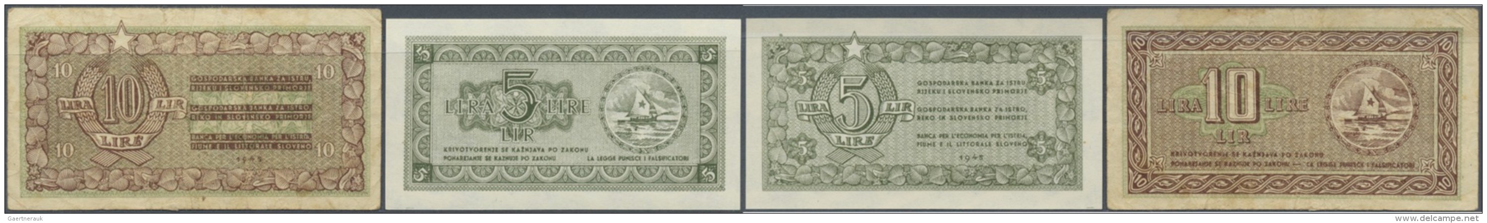 Yugoslavia / Jugoslavien: Set Of 2 Notes Containing 5 And 10 Lira 1945 P. R2, R3, The First In AUNC, The Second In F-. ( - Jugoslawien