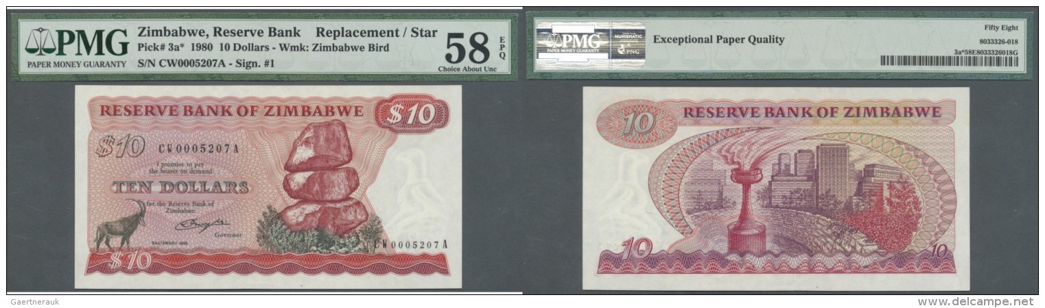 Zimbabwe: 10 Dollar 1980 P. 3a With Replacement Prefix "CW", PMG Graded 58 Choice About UNC. - Simbabwe