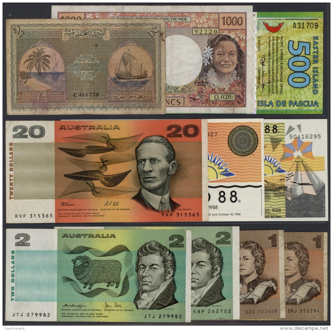 Australia / Australien: Small Lot With 10 Banknotes And Advertising Notes From Australia Including 2 X 1, 2 X 2 And 20 D - Autres & Non Classés