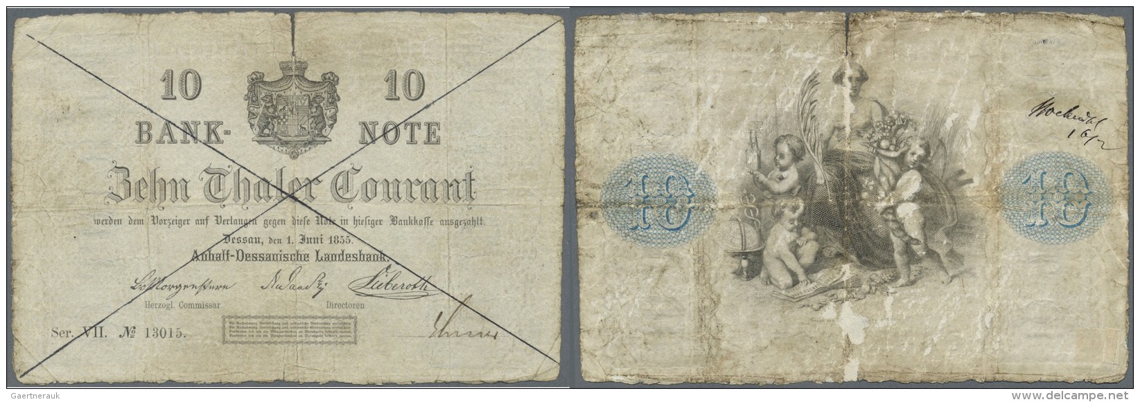 Deutschland - Altdeutsche Staaten: Anhalt-Dessauische Landesbank 10 Thaler Courant Vom 01. Juni 1855 Mit Entwertung, PiR - …-1871: Altdeutschland