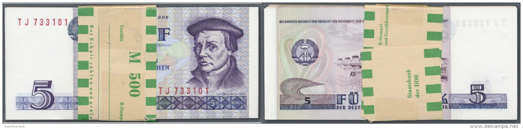 Deutschland - DDR: Original B&uuml;ndel Der Staatsbank Mit Banderole Mit 100 Noten Zu 5 Mark 1975 (1987), Ro.361c Mit Fo - Sonstige & Ohne Zuordnung