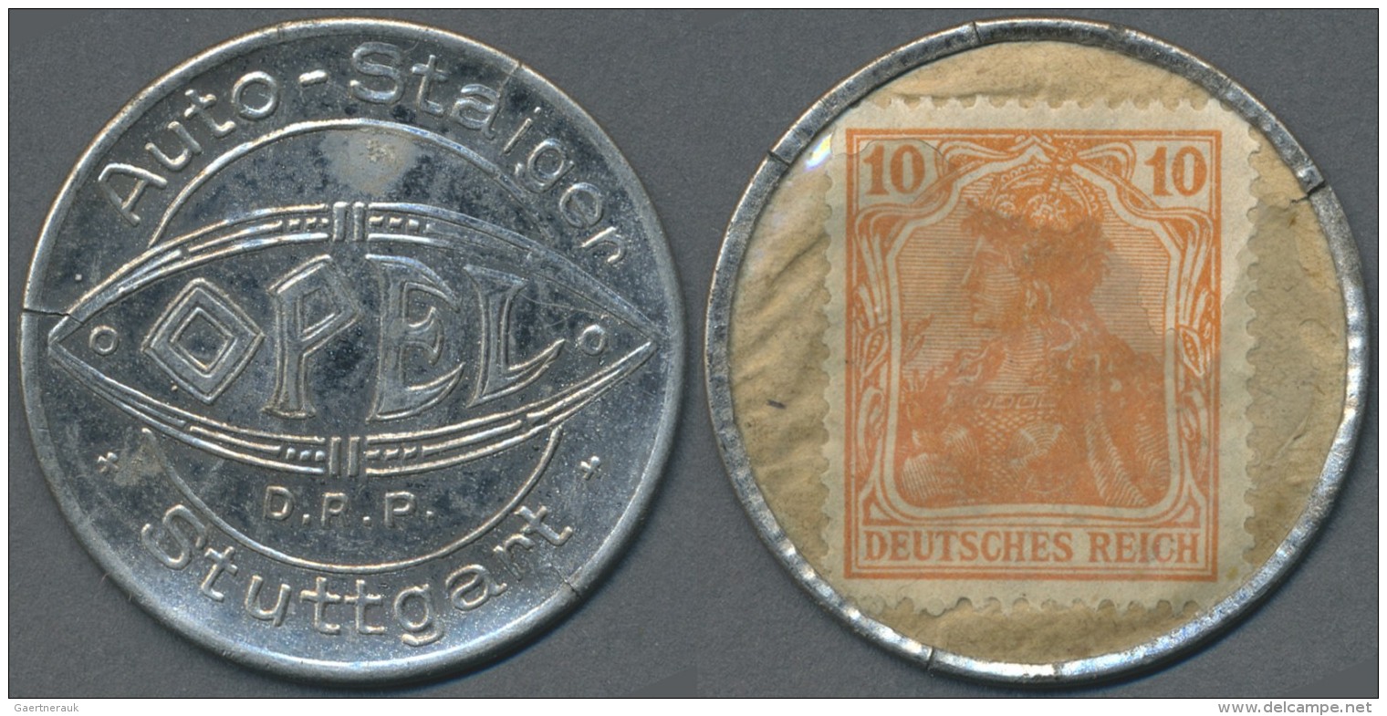 Deutschland - Briefmarkennotgeld: Stuttgart, Auto-Staiger / OPEL / Stuttgart, 10 Pf. Germania, Zink, MUG S&auml;misch, R - Autos