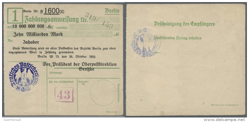 Deutschland - Reichsbahn / Reichspost: Berlin, Oberpostdirektion, 10 Mrd. Mark, 26.10.1923, Zahlungsanweisung Des Postsc - Sonstige & Ohne Zuordnung