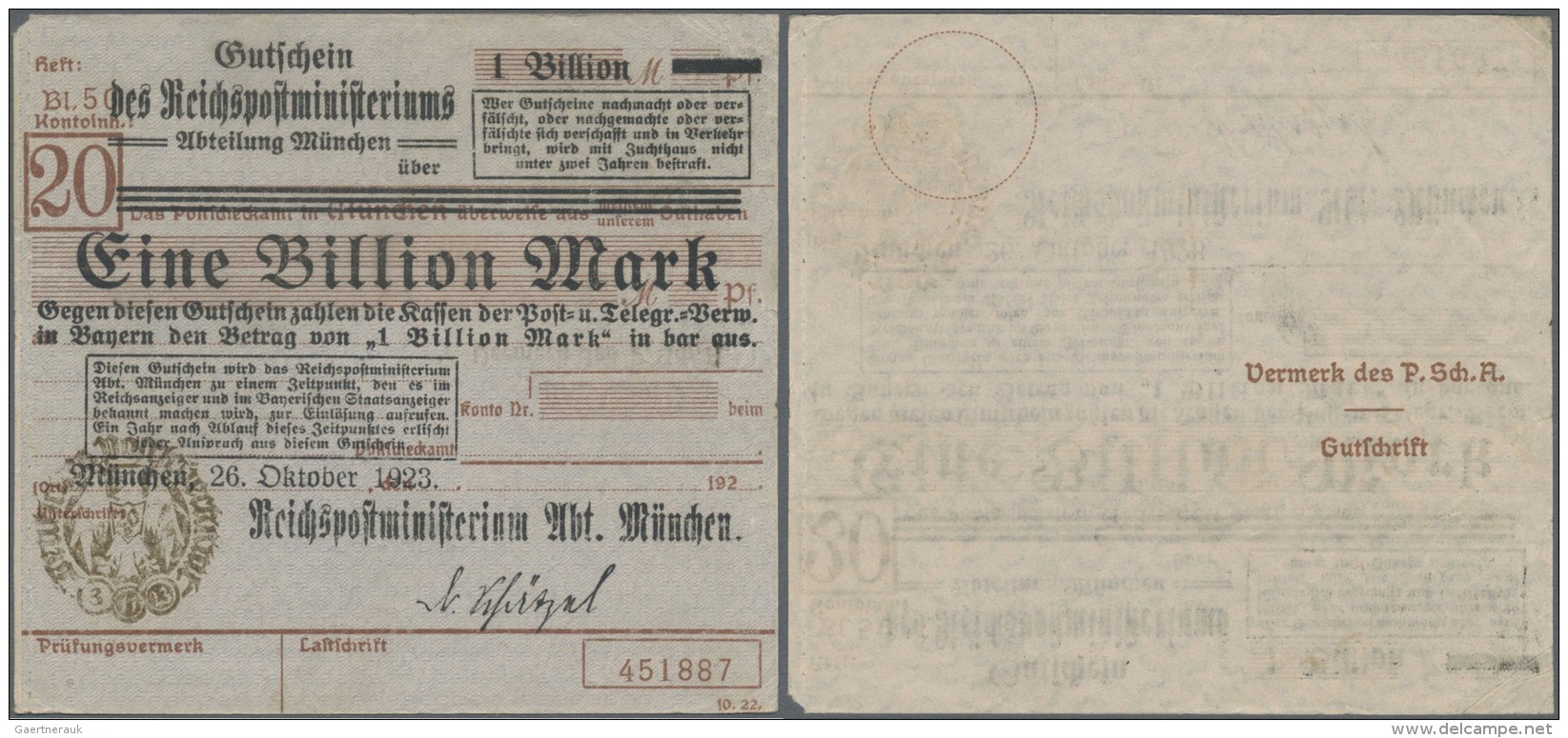 Deutschland - Reichsbahn / Reichspost: M&uuml;nchen, Oberpostdirektion, 1 Billion Mark, 26.10.1923 (brauner Hochdruckste - Sonstige & Ohne Zuordnung