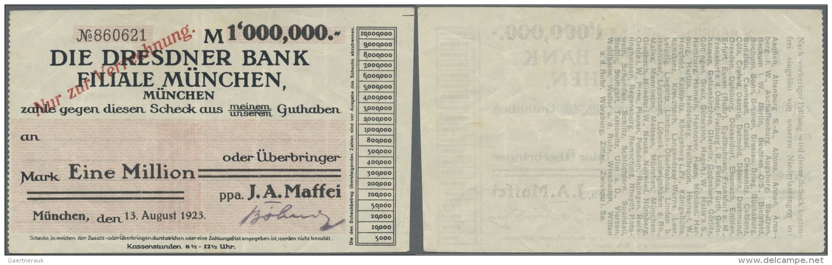 Deutschland - Notgeld - Bayern: M&uuml;nchen, J. A. Maffei, 1 Mio. Mark, 13.8.1923, Vollst&auml;ndig Gedruckter Scheck A - Lokale Ausgaben