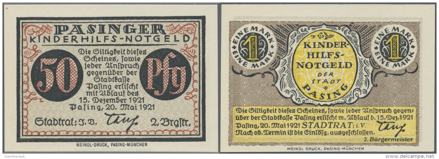 Deutschland - Notgeld - Bayern: Pasing, Stadt, Kinderhilfs-Notgeld, Vs. 50 Pf., Rs. 1 Mark, 20.5.1921, Druckprobe, Erh. - Lokale Ausgaben