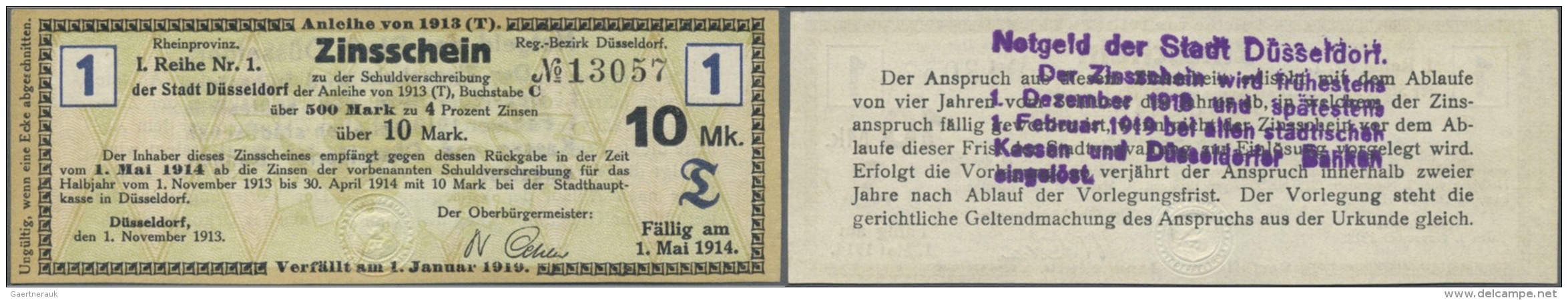 Deutschland - Notgeld - Rheinland: D&uuml;sseldorf, Stadt, 10 Mark, Zinsschein Der Anleihe Vom 1.11.1913, F&auml;lligkei - Lokale Ausgaben