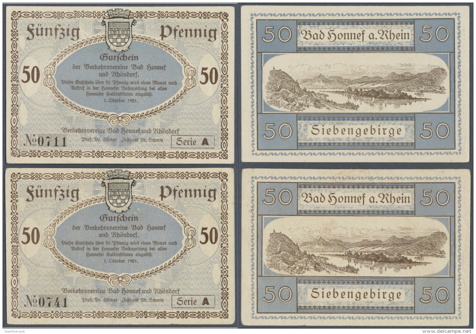 Deutschland - Notgeld - Rheinland: Honnef, Verkehrsvereine Bad Honnef Und Rh&ouml;ndorf, 50 Pf., 1.10.1921, 2 Scheine, E - Lokale Ausgaben