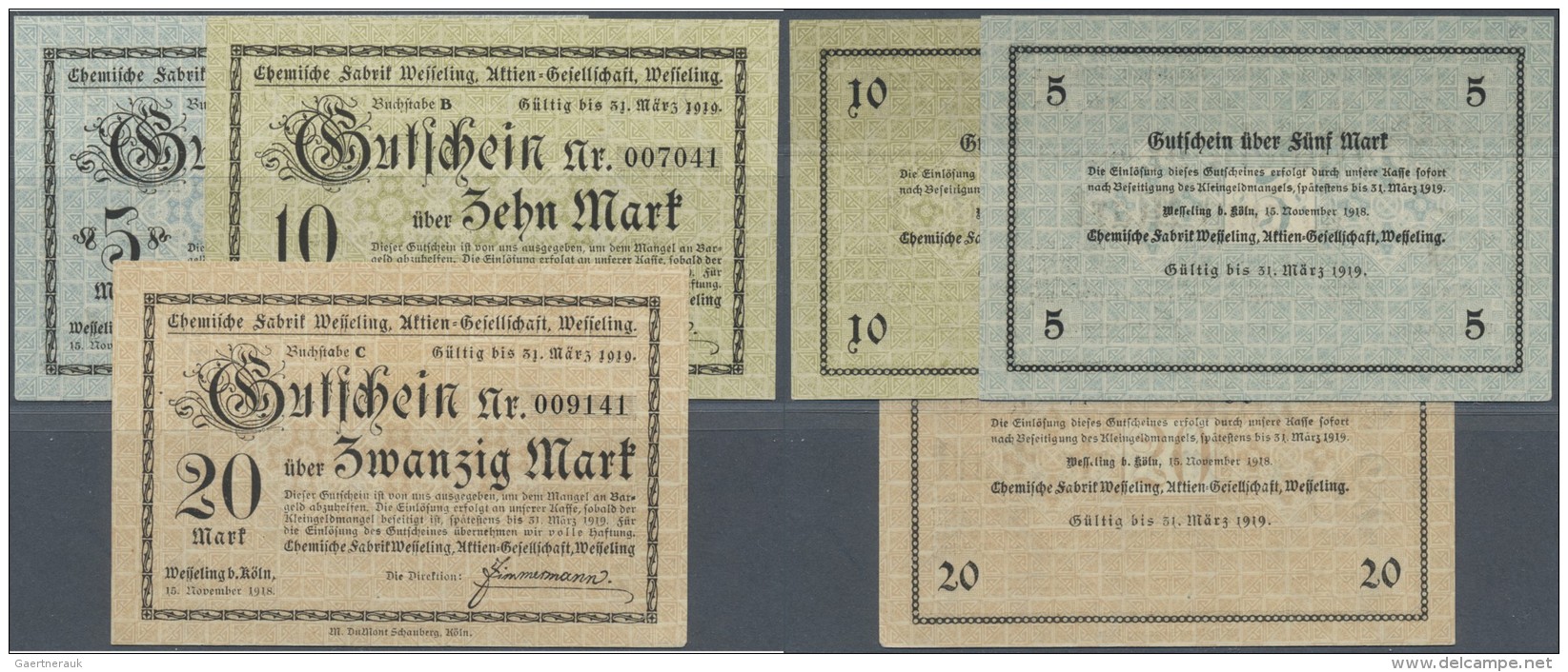 Deutschland - Notgeld - Rheinland: Wesseling, Chemische Fabrik, 5, 10, 20 Mark, 15.11.1918, Mit KN, Unentwertet, Erh. I, - Lokale Ausgaben