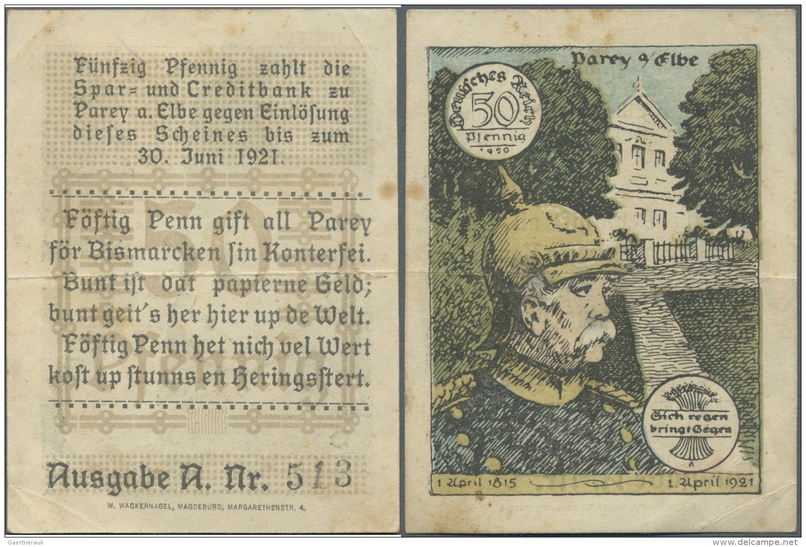 Deutschland - Notgeld - Sachsen-Anhalt: Parey, Spar- Und Creditbank, 50 Pf., 1.4. - 30.6.1921, Ausgabe A, KN 513, Erh. I - Lokale Ausgaben