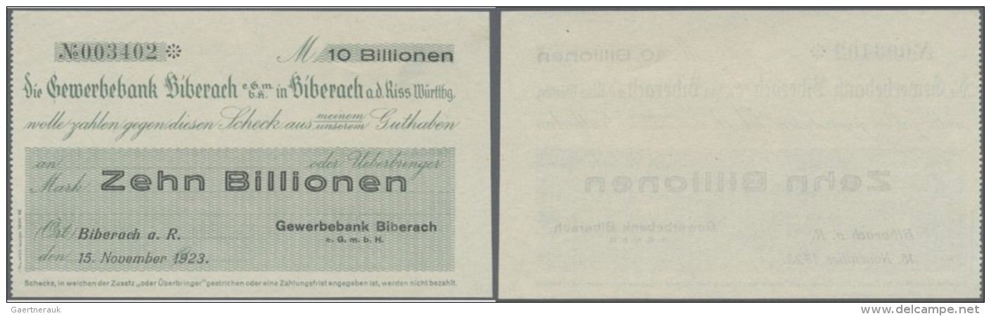 Deutschland - Notgeld - W&uuml;rttemberg: Biberach, Gewerbebank, 10 Billionen Mark, 15.11.1923, Gedruckter Eigenscheck, - Lokale Ausgaben