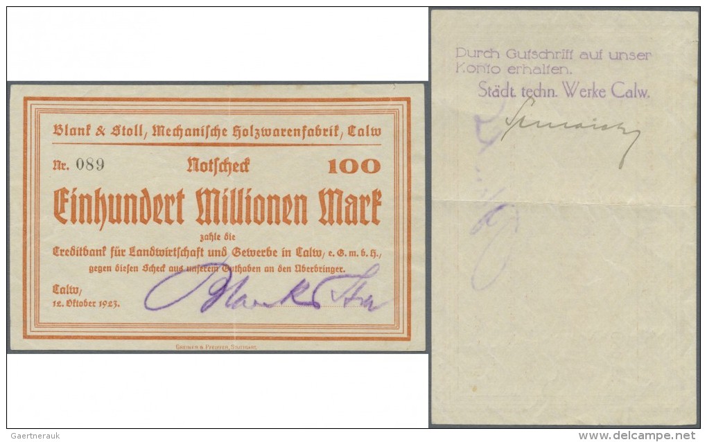 Deutschland - Notgeld - W&uuml;rttemberg: Calw, Blank &amp; Stoll, Mechanische Holzwarenfabrik, 100 Mio. Mark, 12.10.192 - Lokale Ausgaben