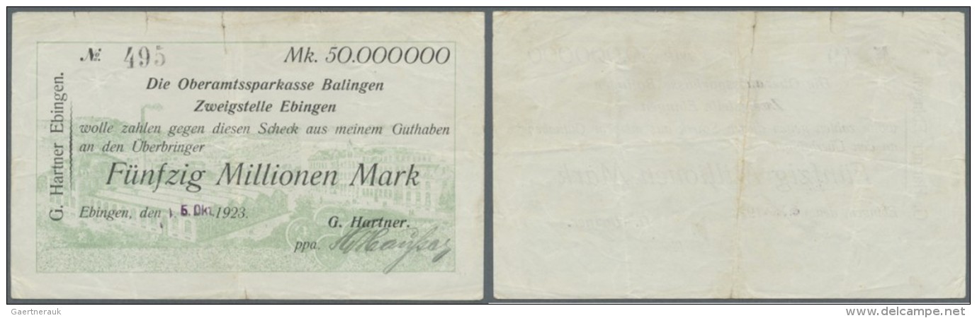 Deutschland - Notgeld - W&uuml;rttemberg: Ebingen, G. Hartner, 50 Mio. Mark, 5.10.1923 (Tag Und Monat Gestempelt), Schec - Lokale Ausgaben