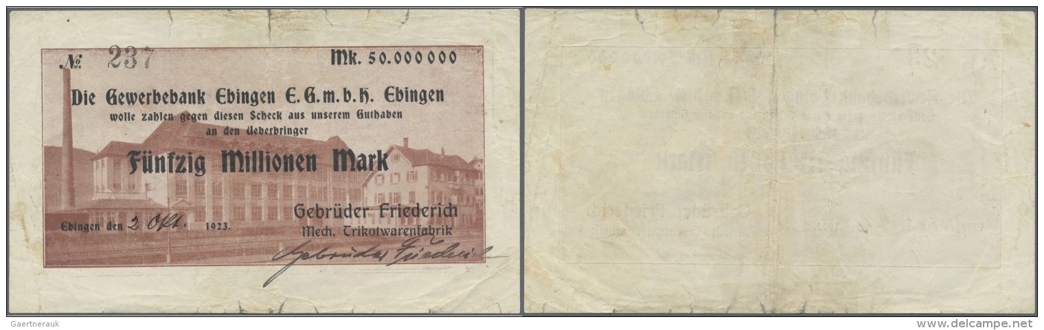 Deutschland - Notgeld - W&uuml;rttemberg: Ebingen, Gebr&uuml;der Friederich, 50 Mio. Mark, 2.10.1923 (Tag Und Monat Hand - Lokale Ausgaben