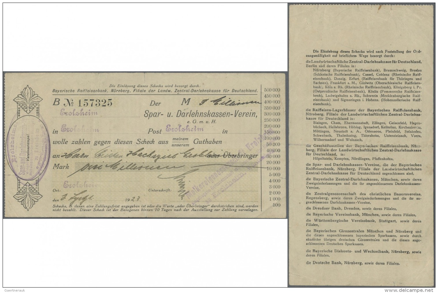 Deutschland - Notgeld - W&uuml;rttemberg: Erolzheim, Molkereigenossenschaft, 3 Mio. Mark, 2.9.1923, Scheck Auf Spar- Und - Lokale Ausgaben