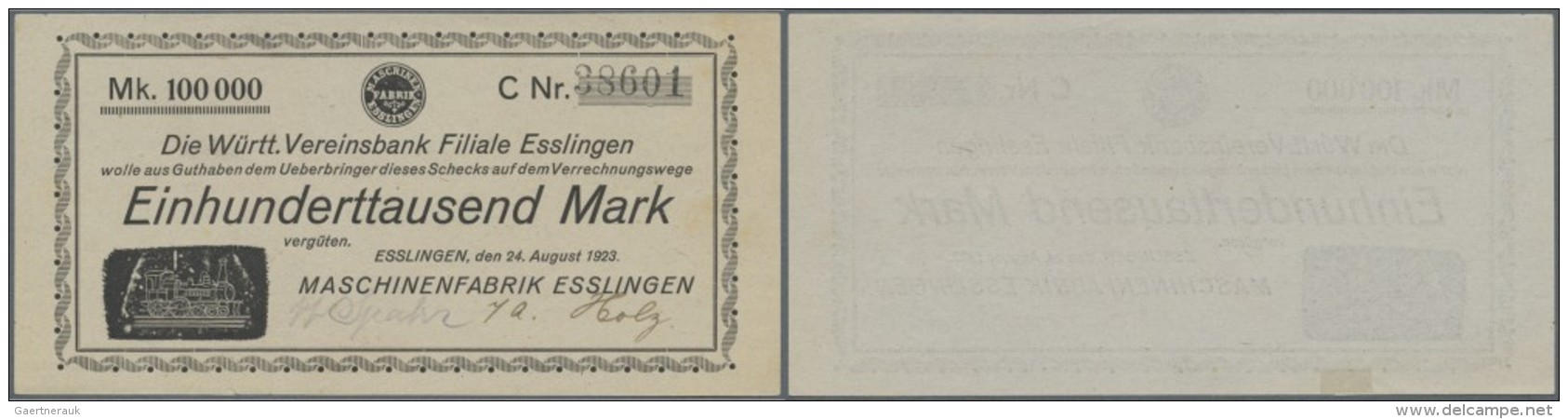 Deutschland - Notgeld - W&uuml;rttemberg: Esslingen, Maschinenfabrik Esslingen, 100 Tsd. Mark, 24.8.1923, Reihe C, Graue - Lokale Ausgaben