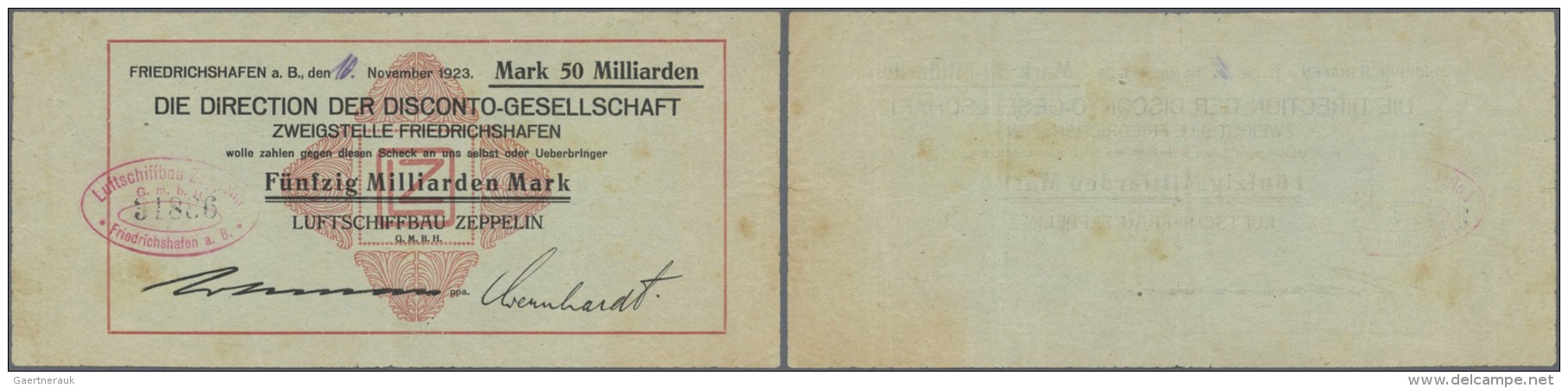 Deutschland - Notgeld - W&uuml;rttemberg: Friedrichshafen, Luftschiffbau Zeppelin GmbH, 50 Mrd. Mark, 10.11.1923 (Tag Ha - Luft- Und Zeppelinpost