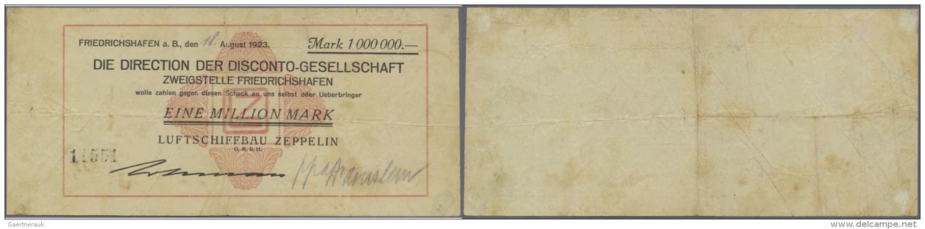 Deutschland - Notgeld - W&uuml;rttemberg: Friedrichshafen, Luftschiffbau Zeppelin GmbH, 1 Mio. Mark, 18.8.1923 (Tag Hand - Luft- Und Zeppelinpost