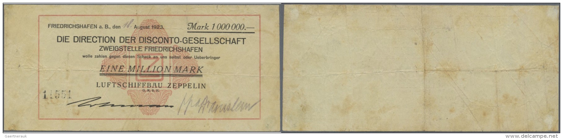 Deutschland - Notgeld - W&uuml;rttemberg: Friedrichshafen, Luftschiffbau Zeppelin GmbH, 1 Mio. Mark, 18.8.1923 (Tag Hand - Lokale Ausgaben