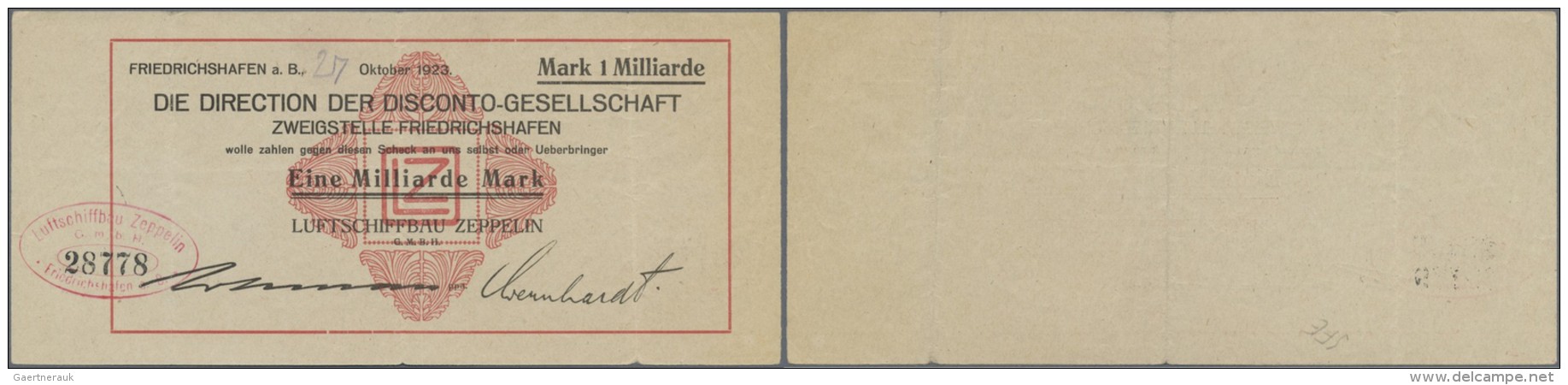 Deutschland - Notgeld - W&uuml;rttemberg: Friedrichshafen, Luftschiffbau Zeppelin GmbH, 1 Mrd. Mark, 27.10.1923 (Tag Han - Luft- Und Zeppelinpost