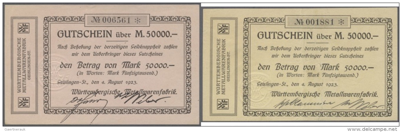 Deutschland - Notgeld - W&uuml;rttemberg: Geislingen, W&uuml;rttembergische Metallwarenfabrik, 50 (Papier Rosa Bzw. Gelb - Lokale Ausgaben