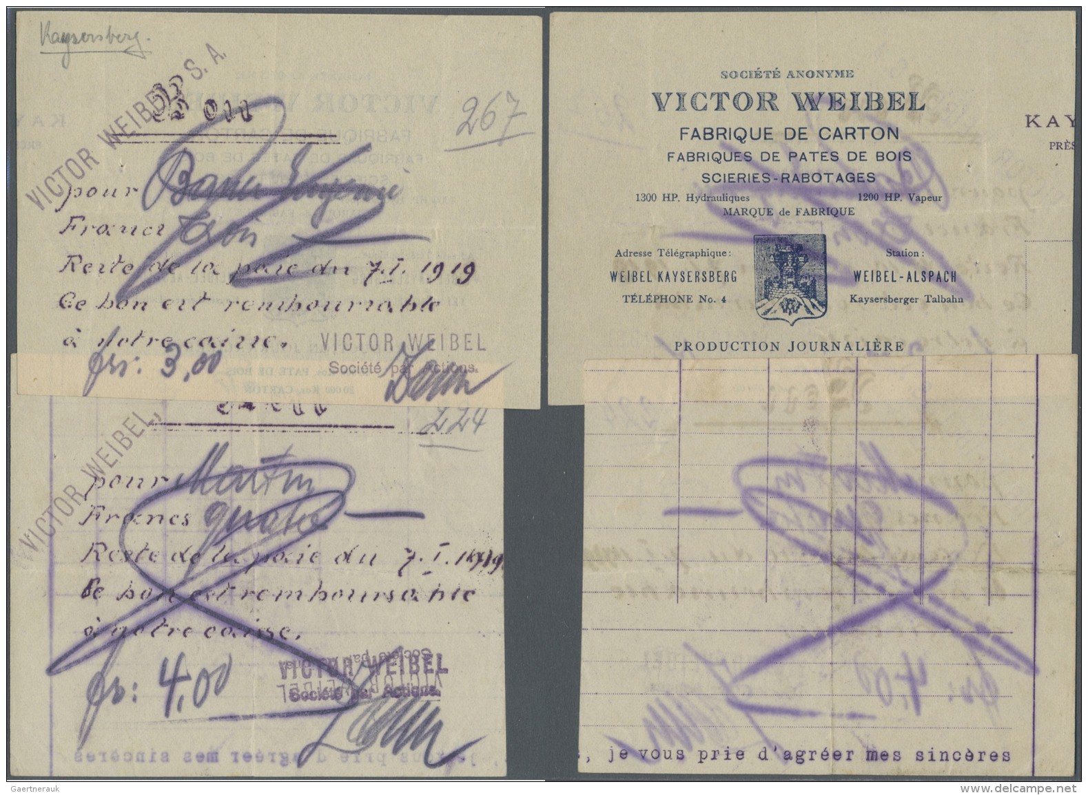 Deutschland - Notgeld - Sonstige: 1919, Kaysersberg, Elsass, Victor Weibel SpA, 3 Francs, 4 Francs, 7.1.1919, Zwei Bons - Lokale Ausgaben