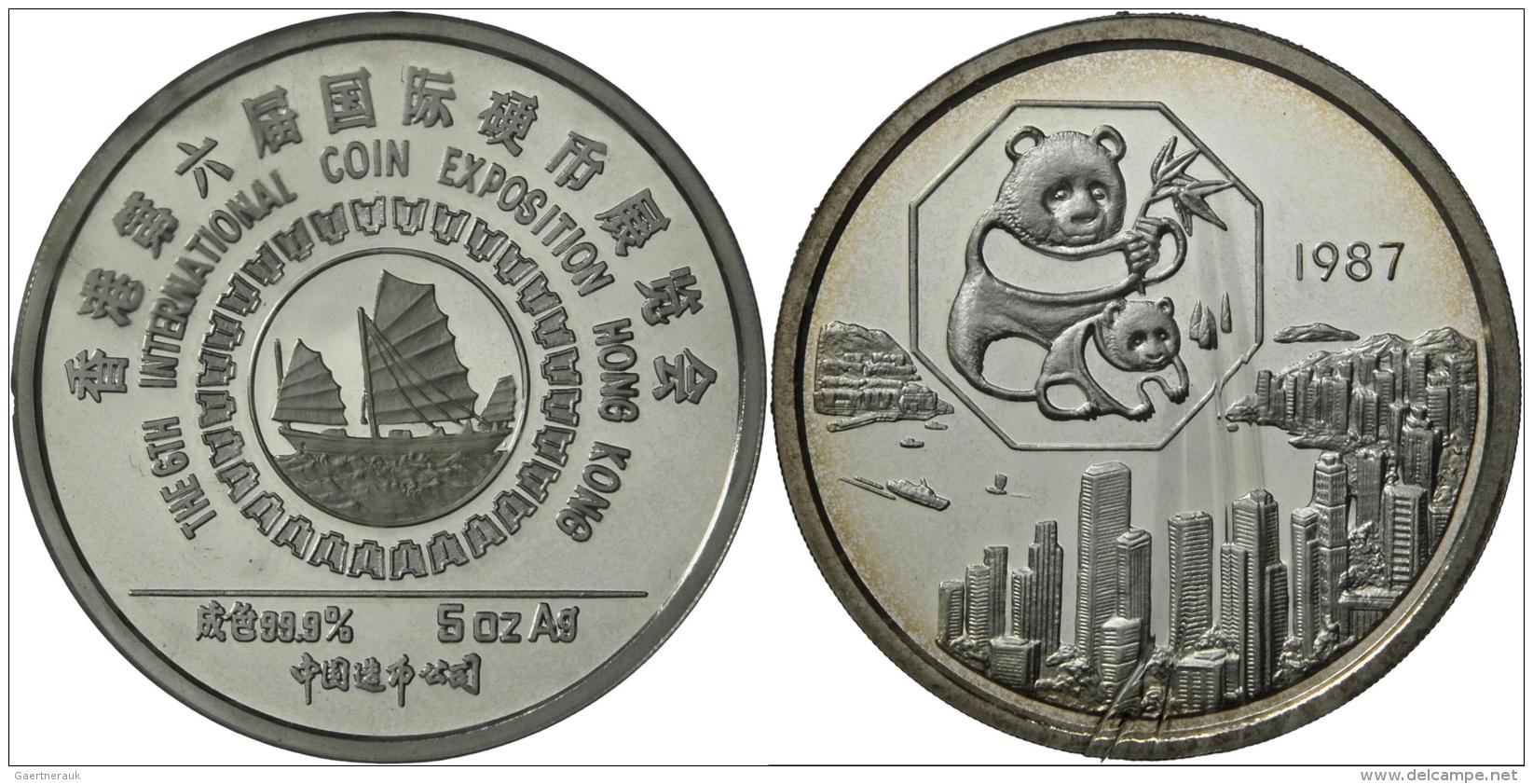 China - Volksrepublik: Silbermedaille 1987, 5 Ounce Silver, Panda Series, The 6th International Coin Exposition Hong Kon - China