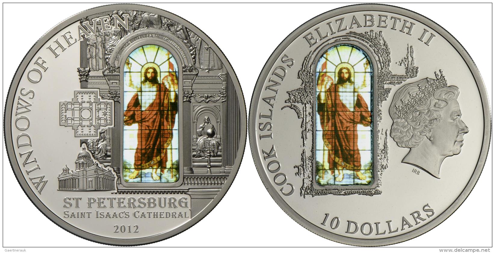 Cook Inseln: WINDOWS OF HEAVEN: Isaakskathedrale St. Petersburg "Auferstehungsfenster", 10 Dollars 2012, 50g 925er Silbe - Russland