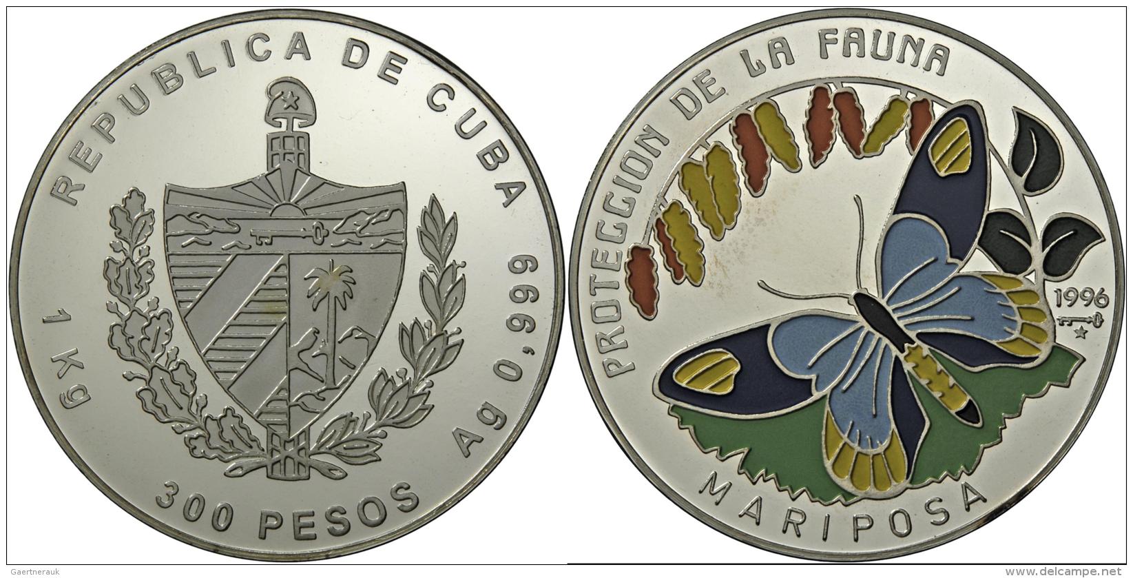 Kuba: 300 Pesos 1996, Schutz Der Tierwelt, "Schmetterling In Farbe"; 1 Kg Silver 999, Auflage: 450 Exemplare, Sch&ouml;n - Kuba