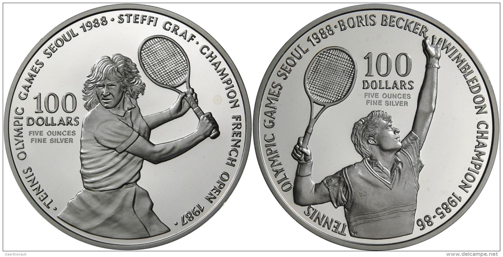 Niue: Lot 2 X 100 Dollars 1987, Olympische Spiele Seoul 1988, (1 X Boris Becker + 1 X Steffi Graf),  Silber 999, Je 155, - Niue