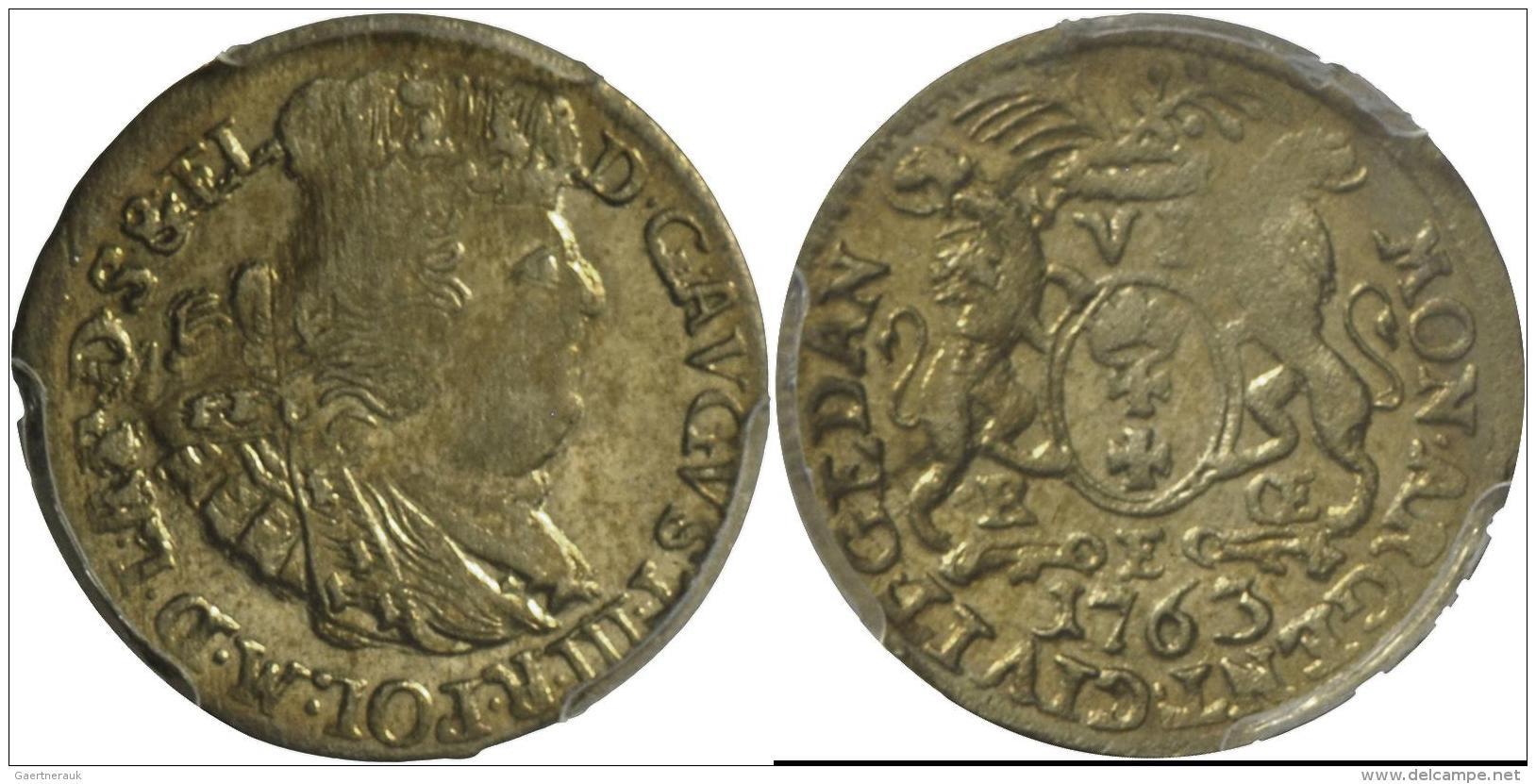 Polen: August III. Von Sachsen 1733-63: 6 Gr&ouml;scher 1763, REOE - Danzig, Im PCGS Slab, Vergoldet, Sehr Sch&ouml;n. - Polen