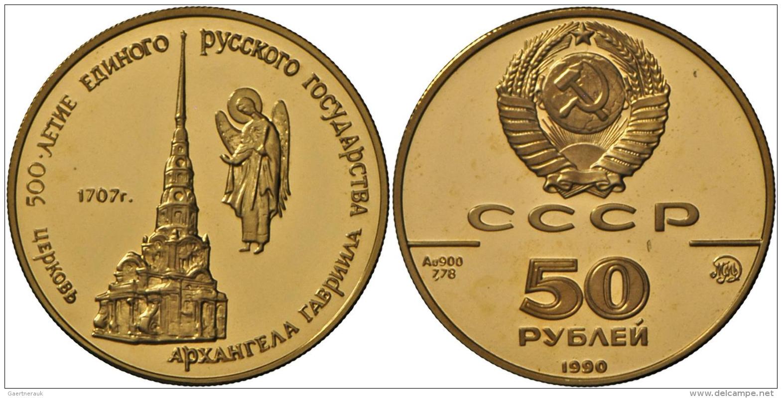 Russland - Anlagegold: Erzengel Gabriel: 50 Rubel 1990, &frac14;Yoz Gold (25.000 Ex.), Originalkapsel, Polierte Platte. - Russland