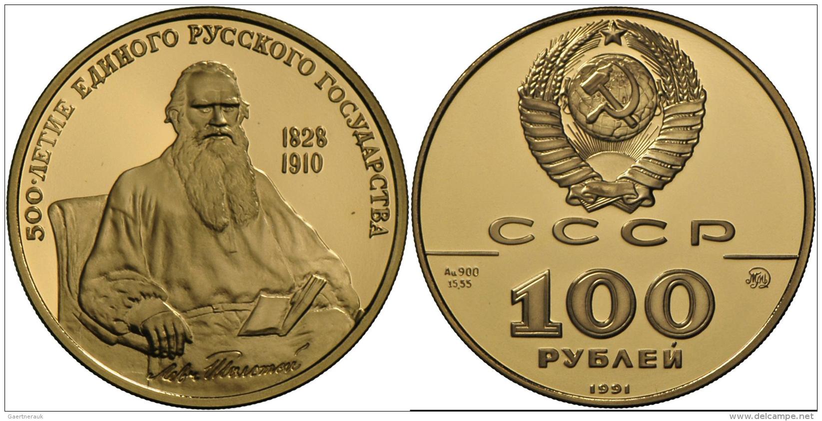 Russland - Anlagegold: Tolstoi Denkmal: 100 Rubel 1991, &frac12;oz Gold (14.000 Ex.), Im Etui Und Zertifikat/Umkarton, P - Russland