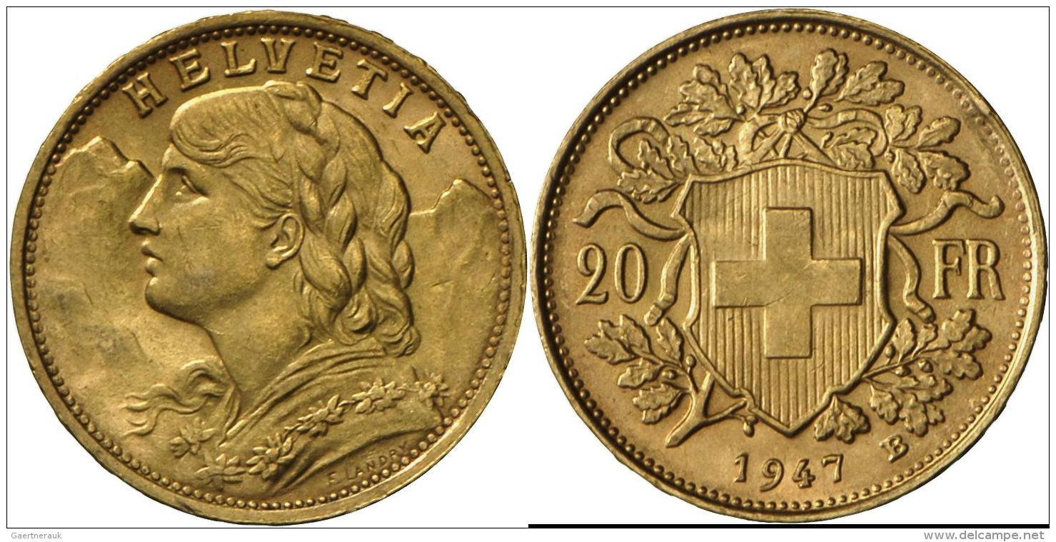 Schweiz - Anlagegold: 20 Franken 1947 B (Vreneli), KM 35, Kratzer Auf Av, Vorz&uuml;glich. - Sonstige & Ohne Zuordnung