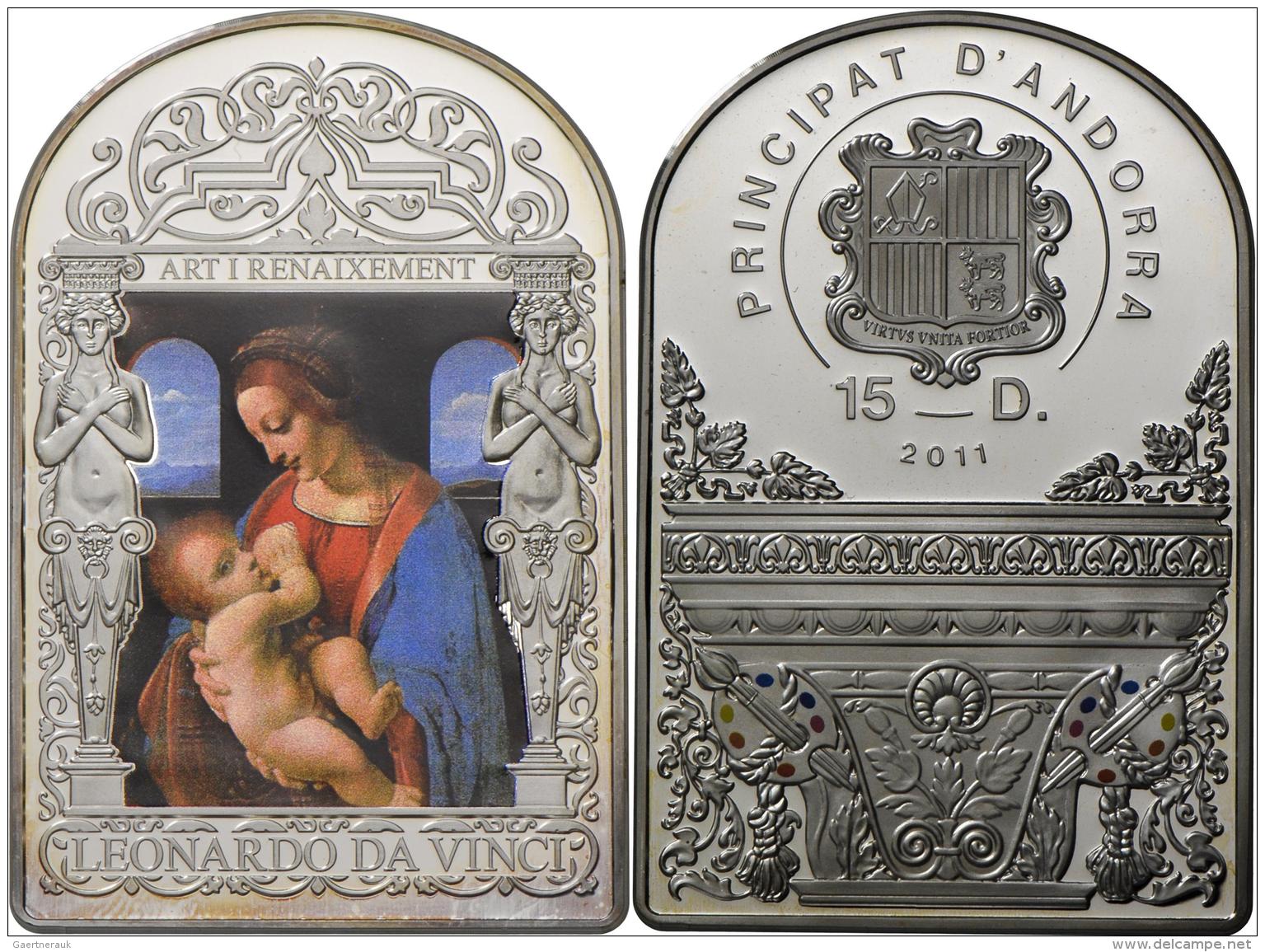 Andorra: MASTERPIECES OF ART: Leonardo Da Vinci "Madonna Litta", 15 Dinar 2011, Im Etui, Auflage Nur 3000 Ex., 50g Feins - Andorra