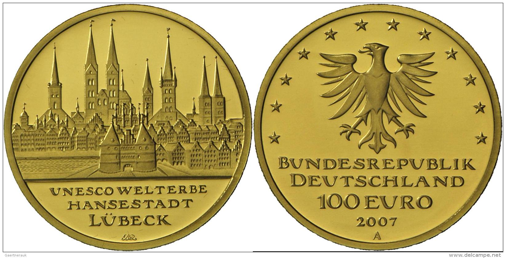 Deutschland - Anlagegold: 100 Euro 2007 A, L&uuml;beck, J. 531, In Originalkapsel, Mit Zertifikat Und Originaletui, Stem - Deutschland