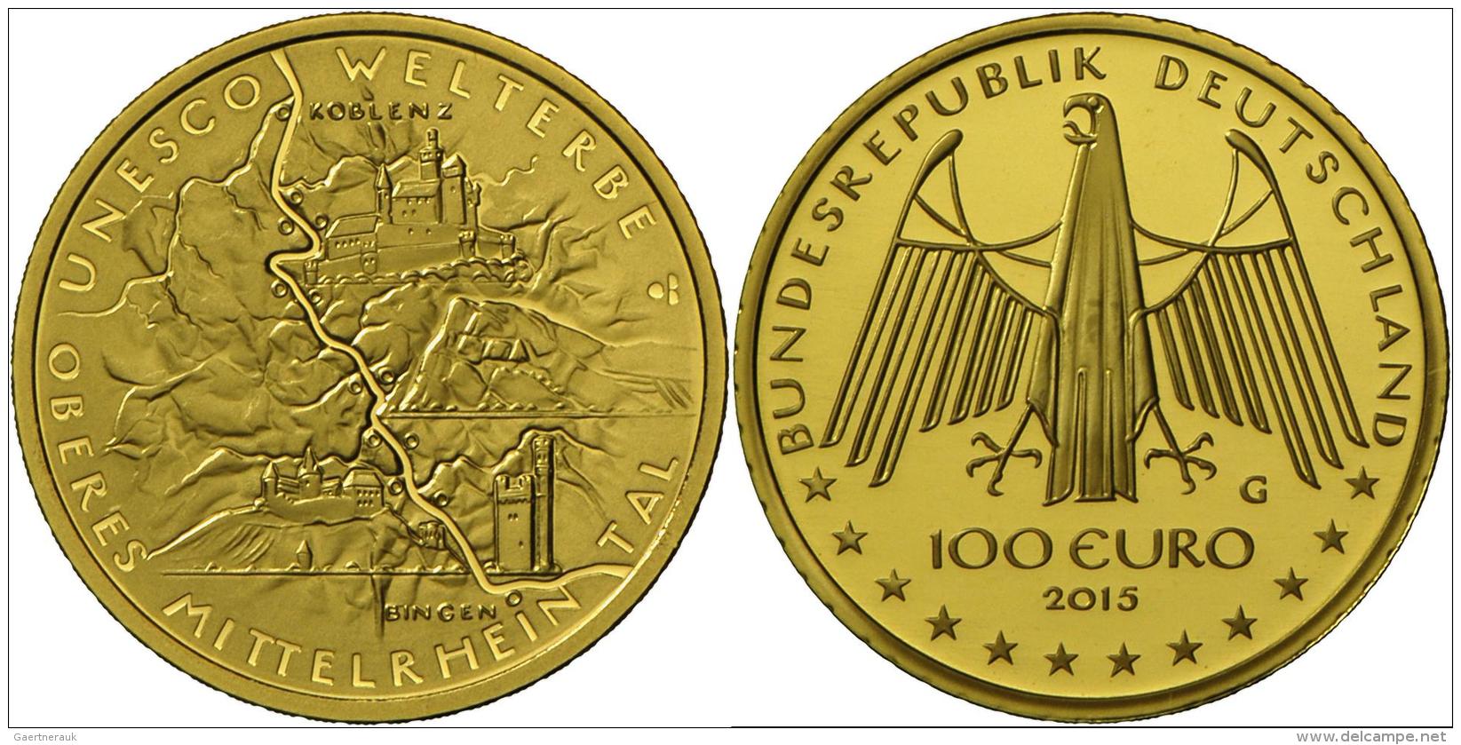 Deutschland - Anlagegold: 100 Euro 2015 G, UNESCO Welterbe - Oberes Mittelrheintal, J. 602, In Originalkapsel, Mit Zerti - Deutschland