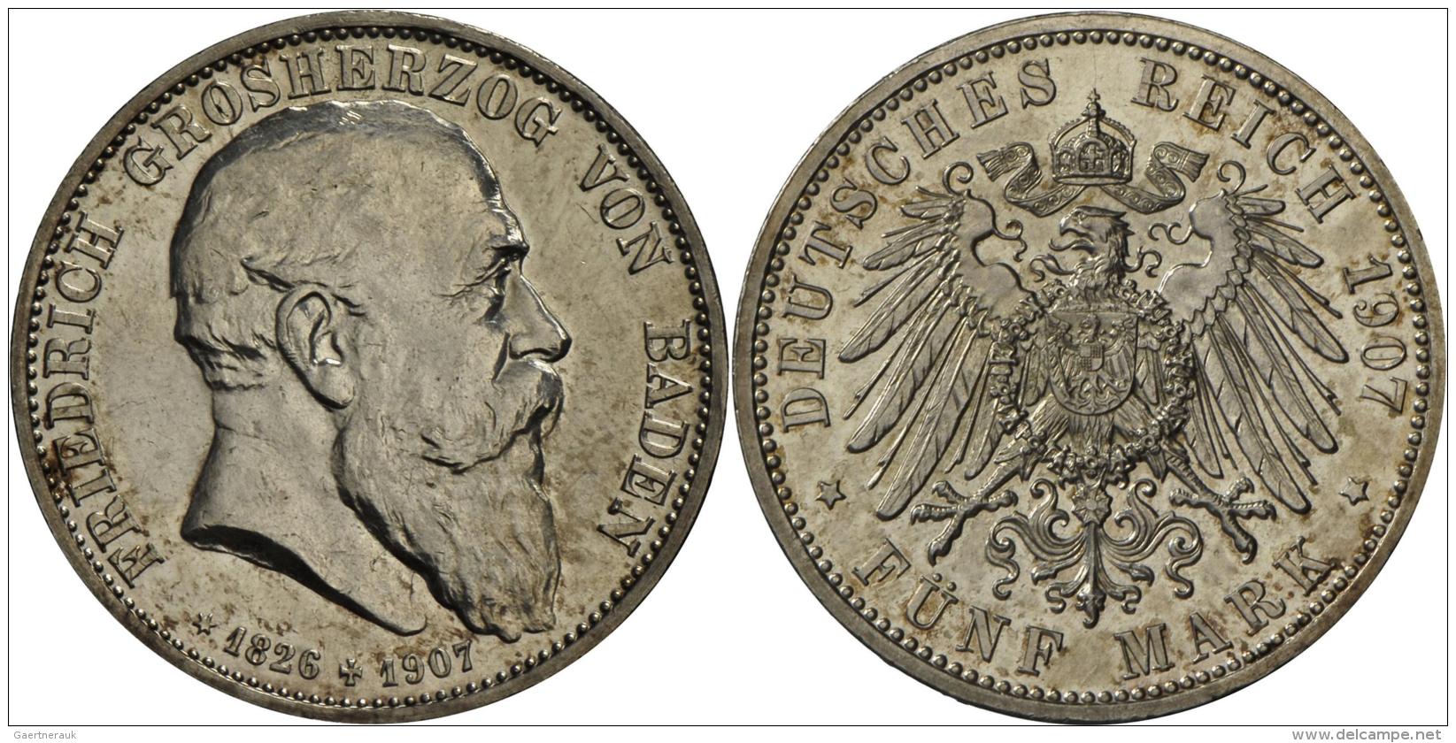 Baden: Friedrich I. 1852-1907: 5 Mark 1907 G, Jaeger 37, Auflage 60 Tsd., Vorz&uuml;glich. - Taler & Doppeltaler