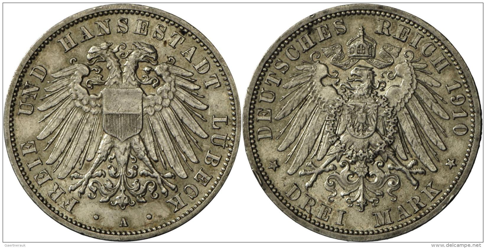 L&uuml;beck: Lot 2 St&uuml;ck, 3 Mark 1910 Und 3 Mark 1912, Jaeger 82, Sehr Sch&ouml;n. - Taler & Doppeltaler